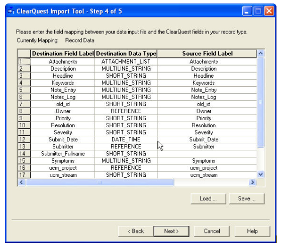 Screen shot shows field mapping via the import wizard