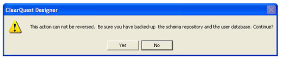 Screen shot showing the warning message prior to updating a database to a new schema version.