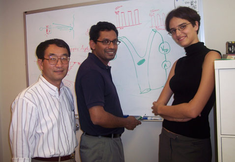 Группа американских исследователей имеет типично американские имена: слева профессор Cунъхо Чин (Sungho Jin), в центре - лидер группы Прабхакар Бандару, справа Кьяра Дараио (Chiara Daraio). За их спинами, на доске, нарисовано открытие (фото UCSD).