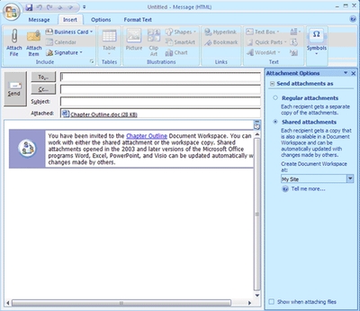 Рисунок 7. Общие вложения в Outlook 2007