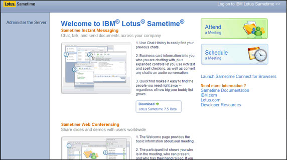 The Sametime Welcome page