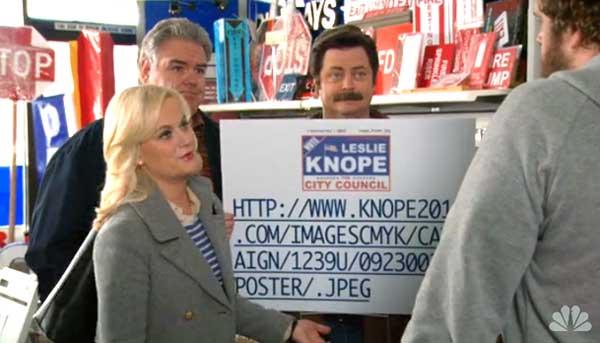    NBC "   ".    (Ron Swanson)   "Knope for City Council" (   ),        URL-.   : "  ,         ,    ."