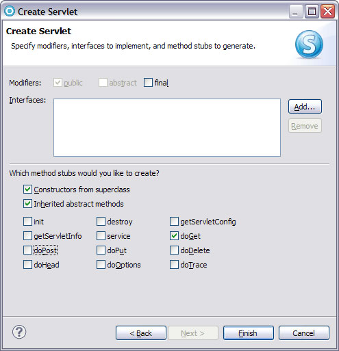  8. Create Servlet -  Specify method stubs to generate