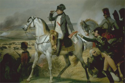 A portrait of Napoleon riding a horse.