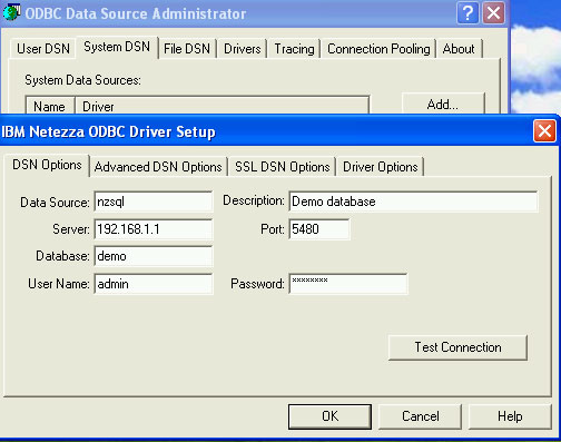 The figure describes Configuring connection to Netezza appliance using Windows ODBC Data Source Administrator