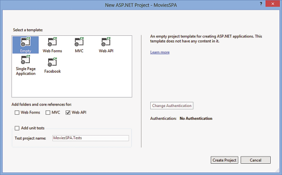 Создание нового ASP.NET-проекта в Visual Studio 2013
