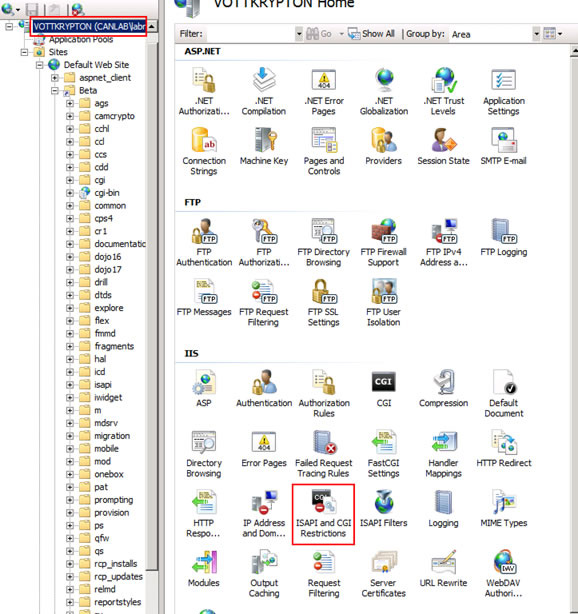 Figure 1 - Selecting ISAPI and CGI Restricions option at the server level in IIS Manager