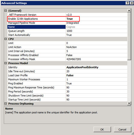 Figure 4 - Advanced settings dialog for an application pool showing the Enable 32-bit Applications property set to true