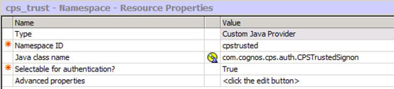 Figure 9 - Setting up the CPS security namespace in IBM Cognos Configuration