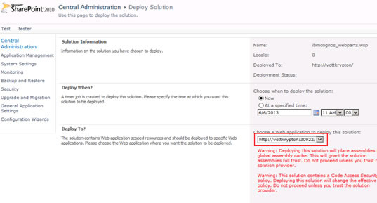 Figure 15 - Selecting the SharePoint site to deploy a solution to using SharePoint Central Administration