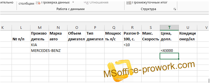 Диапазон условий расширенного фильтра MS Excel