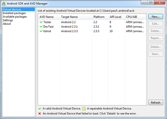 Image showing the Android SDK and AVD Manager screen