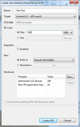 The Create New Android Virtual Device (AVD) window