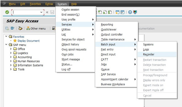 Рисунок 9. Встроенная программа записи в SAP GUI для тестов с пакетным вводом