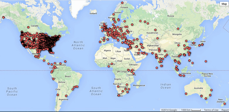 География распространения жертв трояна newGOZ: за три недели мониторинга по методу sinkhole в составе ботнета выявлены 12353 заражённых компьютеров со всего мира (изображение: arbornetworks.com).