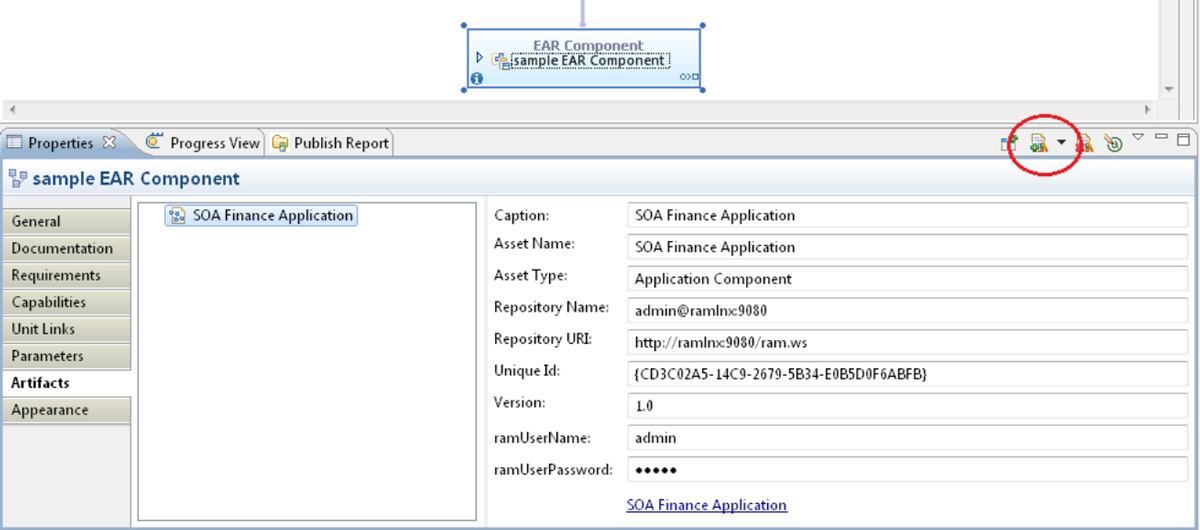 Screen capture shows connection between model unit and application EAR file stored in a RAM asset