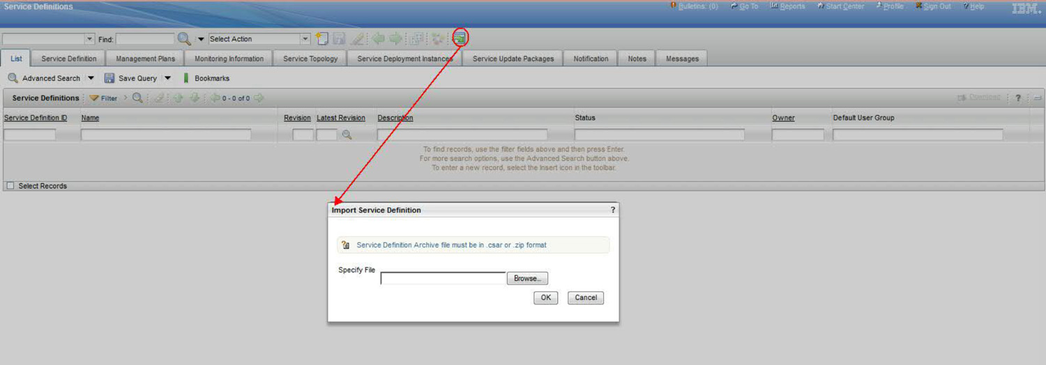 Screen capture shows Import Service Definition button on Service Definitions Application toolbar