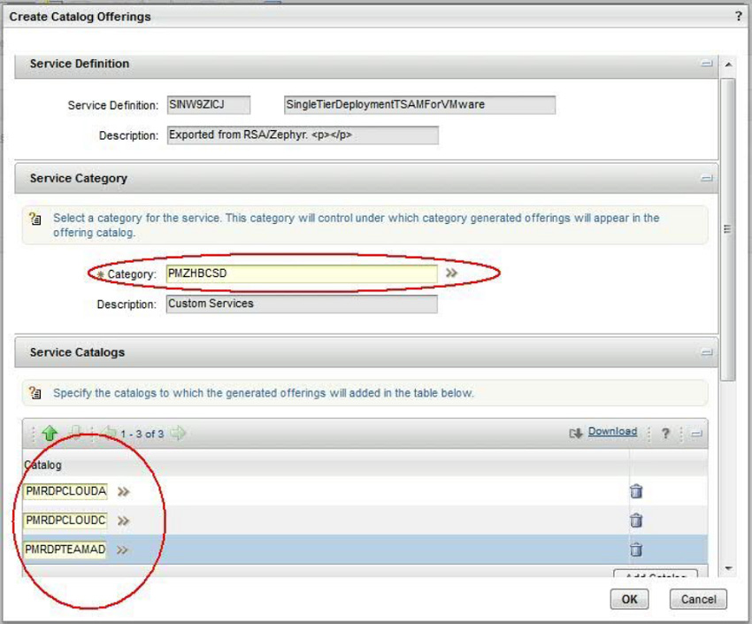 Screen capture shows specifying category and catalog for the new service created after import
