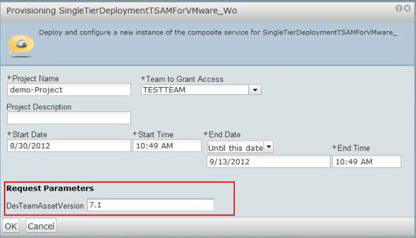 Screen capture shows customized attribute as an input during the Requesting a New Cloud Service Instance