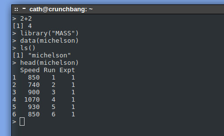 Screenshot of R workspace shows the previous commands and responses from R