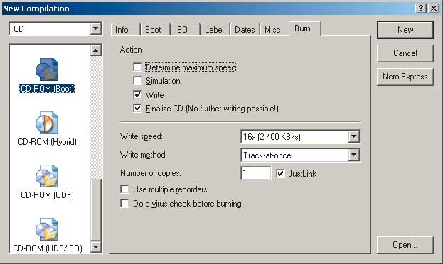 Рис. 9. Вкладка Burn диалогового окна New Compiliant