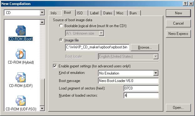 Рис. 7. Вкладка Boot диалогового окна New Compiliant