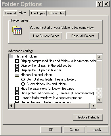 Вид окна Свойства папки (Folder Options)